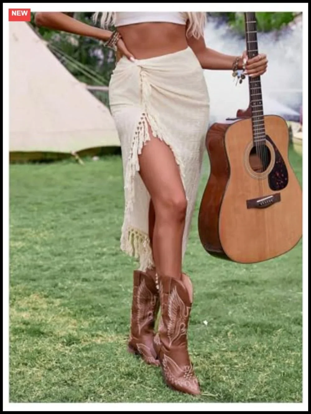 Boho Fringe Tassel Twist Front High Slit Midi Skirt